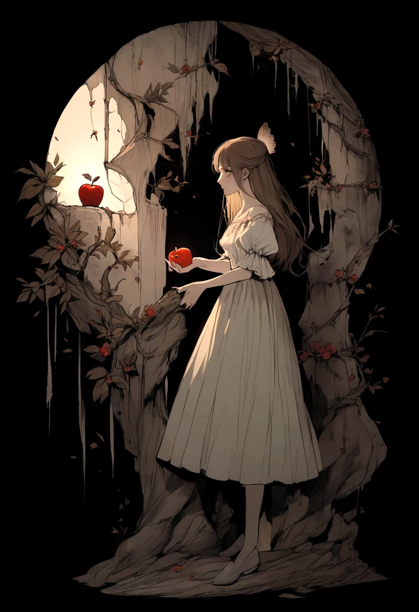young brunette woman with very fair skin with an apple in her hand, beautiful, fairytale, rotten apple, horror, 20 years old, no background, princess, full body, side view