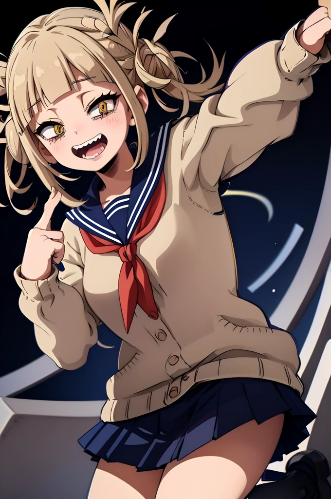 (masterpiece, Highest quality), One girl,  Himiko U1, Double Bang, Side Lock, , Sailor collar, Red neckerchief, elongated pupils, Sharp teeth, Pleated skirt, Seraphim, cardigan,  Long sleeve,  青いSailor collar, Yellow Eyes，Simple Background，Remove the highlights，Losing the AI feel，Navy Blue Skirt、I drew it a little poorly.，As drawn by humans