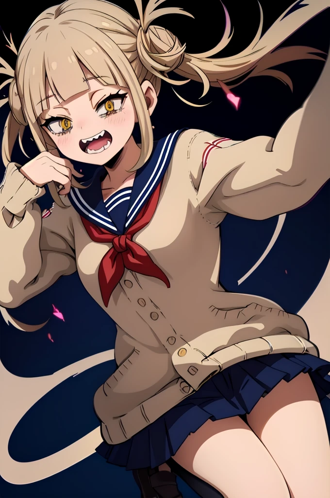 (masterpiece, Highest quality), One girl,  Himiko U1, Double Bang, Side Lock, , Sailor collar, Red neckerchief, elongated pupils, Sharp teeth, Pleated skirt, Seraphim, cardigan,  Long sleeve,  青いSailor collar, Yellow Eyes，Simple Background，Remove the highlights，Losing the AI feel，Navy Blue Skirt、I drew it a little poorly.，As drawn by humans