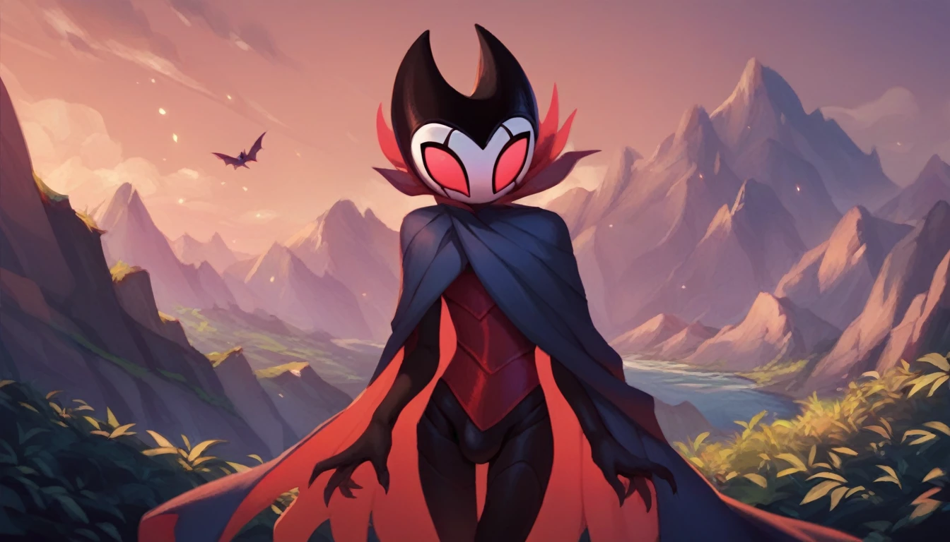 score_9, score_8_up, score_7_up, score_6_up, zPDXL2, grimm \(hollow knight\), vampire, bat, 1boy, solo, cute face, detailed eyes, landscape, outdoor, anthro, (solo portrait), (front view), clothed, highlight thighs