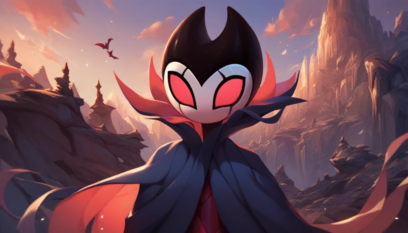 score_9, score_8_up, score_7_up, score_6_up, zPDXL2, grimm \(hollow knight\), vampire, bat, 1boy, solo, cute face, detailed eyes, landscape, outdoor, anthro, (solo portrait), (front view), clothed, highlight thighs