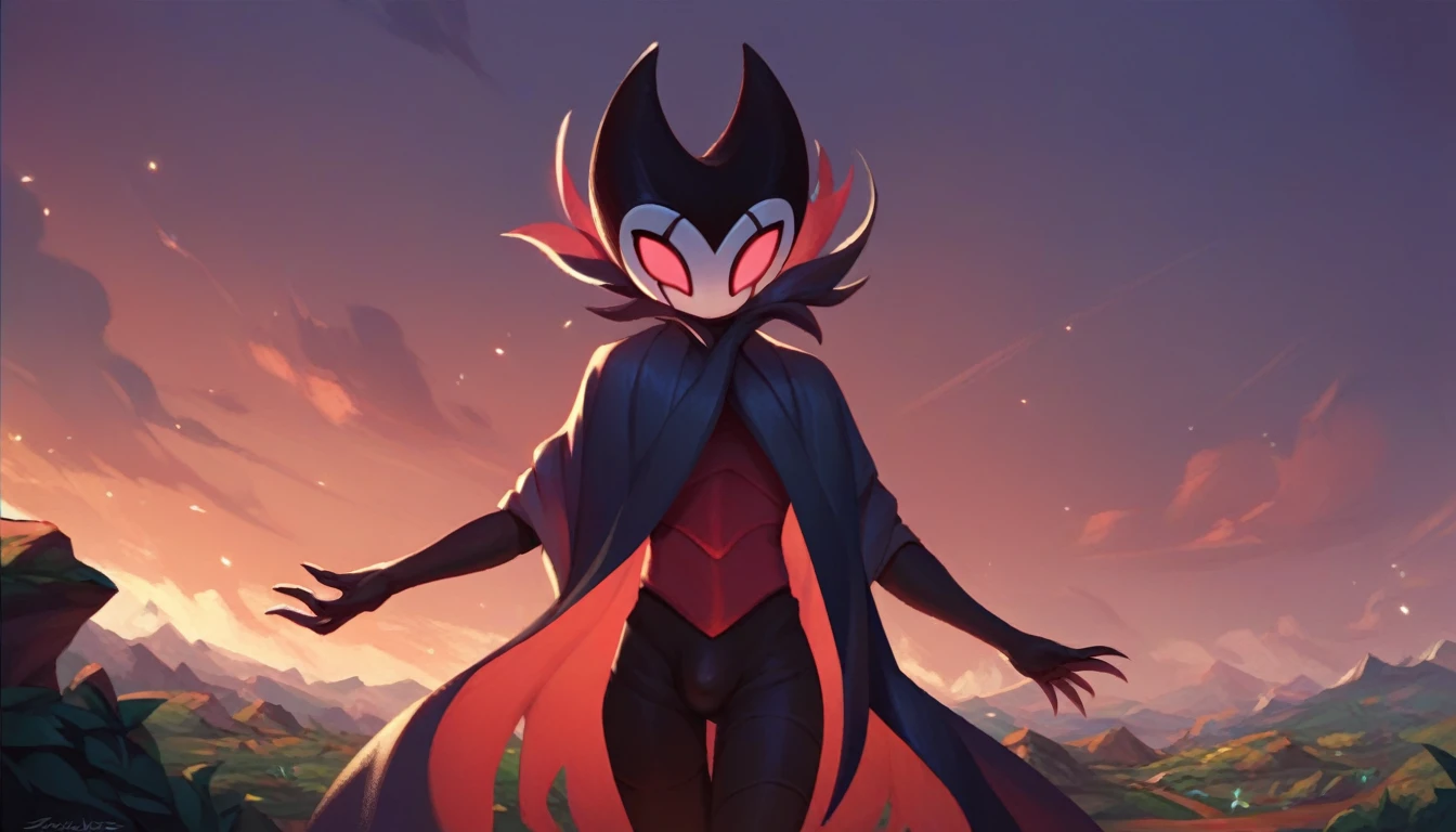 score_9, score_8_up, score_7_up, score_6_up, zPDXL2, grimm \(hollow knight\), vampire, bat, 1boy, solo, cute face, detailed eyes, landscape, outdoor, anthro, (solo portrait), (front view), clothed, highlight thighs