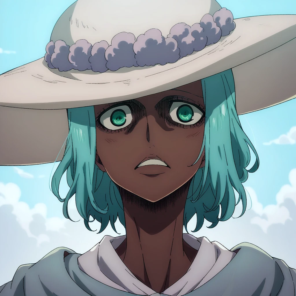 shingeki_no_kyojin_s4_style, portrait, solo, giant sun hat, cyan hair, cyan eyes, white sun dress, dark skin
