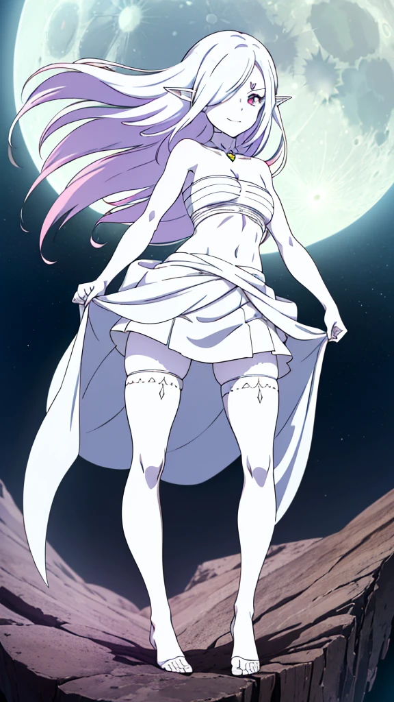 ((1girl,25 years old,mature female))angry,smile,solo,white hair,long hair,(((white skin,colored skin))),elf ears,(((hair over one eye)))(night,moon,flying,bare feets),((wrapped_chest,white mini skirt)),from above,pink eye,face close up