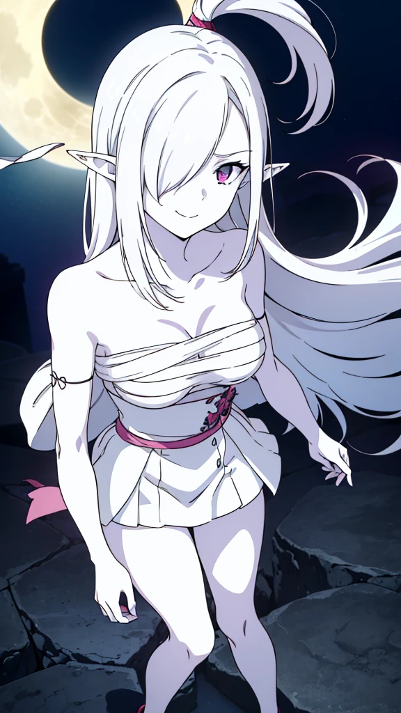 ((1girl,25 years old,mature female))angry,smile,solo,white hair,long hair,(((white skin,colored skin))),elf ears,(((hair over one eye)))(night,moon,flying,bare feets),((wrapped_chest,white mini skirt)),from above,pink eye,face close up