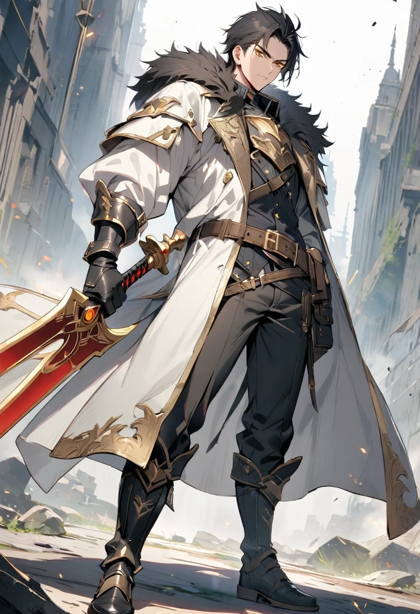 masterpiece, best quality, 1man, adult, weapon, male-focus, sword, fur-trim, solo, full-body, black-hair, gloves, boots, armor, holding-weapon, belt, holding, coat, looking-at-viewer, holding-sword, yellow-eyes, black-gloves, long-coat, standing, white-coat, pants, White-skin