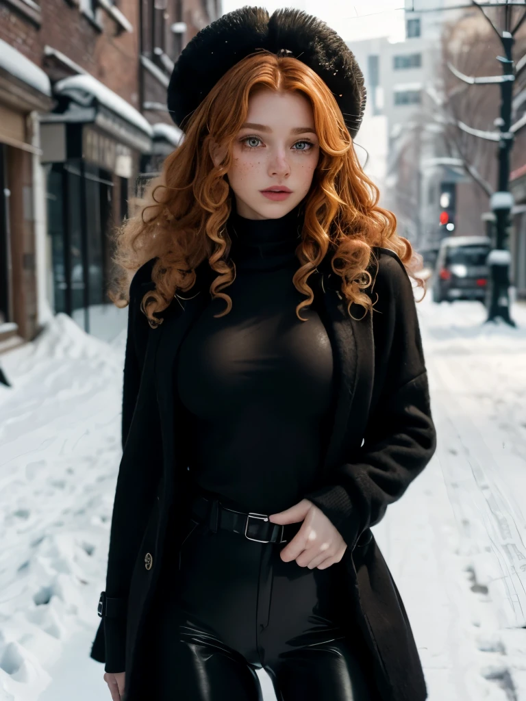 Caucasian woman, ((Ginger hair)), (((({curly hair})))), ((medium hair)), (((honey eyes))), lined eyes, shiny eyes, (highlights eyes), red lipstick, makeup, ((athletic body)), ((small breasts)), ((legs)), (((Black wool coat))), (Big tight coat), ((Coat closed with belt)), (an ushanka), Sweater under coat, (Black wool sweater), (((Big sweater))), ((black sweater)), (Waist-length sweater), ((black lycra pants)), in the city full of snow, cold atmosphere, Earrings, side shot.