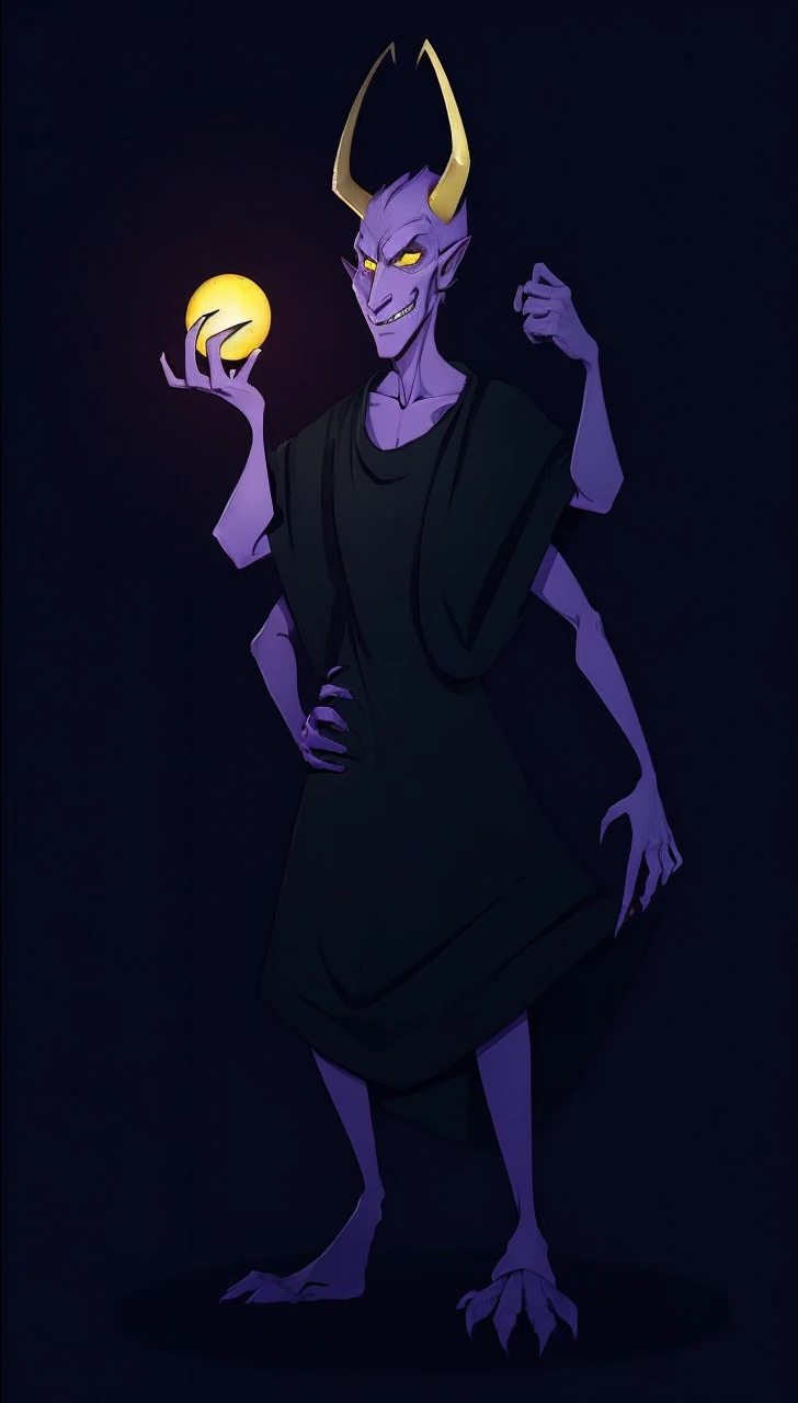 Purple devil, yellow eyes, long nose, long yellow horns, purple habit, skinny arms, skinny legs