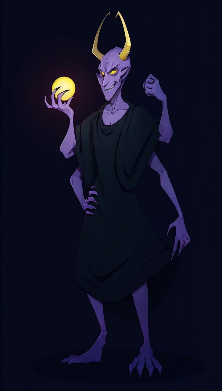 Purple devil, yellow eyes, long nose, long yellow horns, purple habit, skinny arms, skinny legs