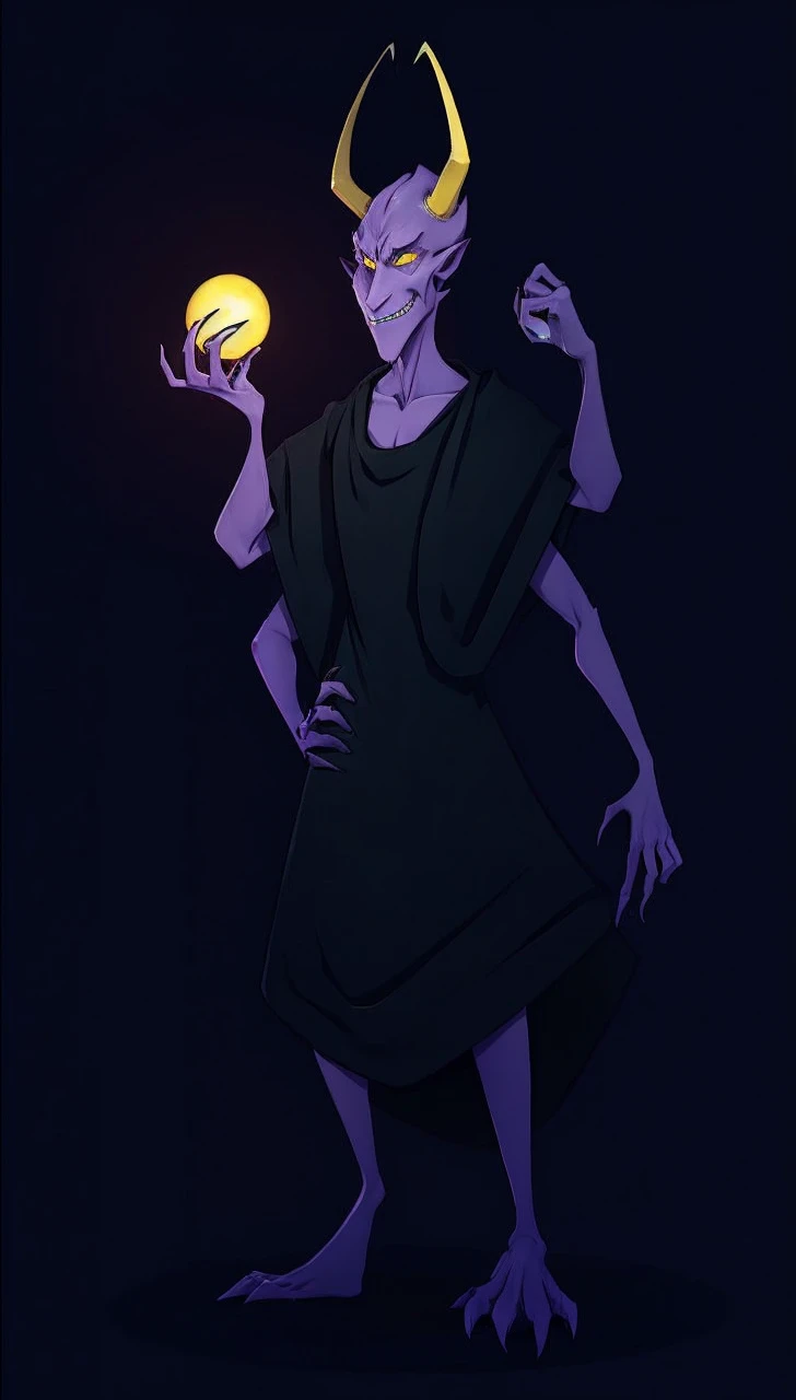 Purple devil, yellow eyes, long nose, long yellow horns, purple habit, skinny arms, skinny legs