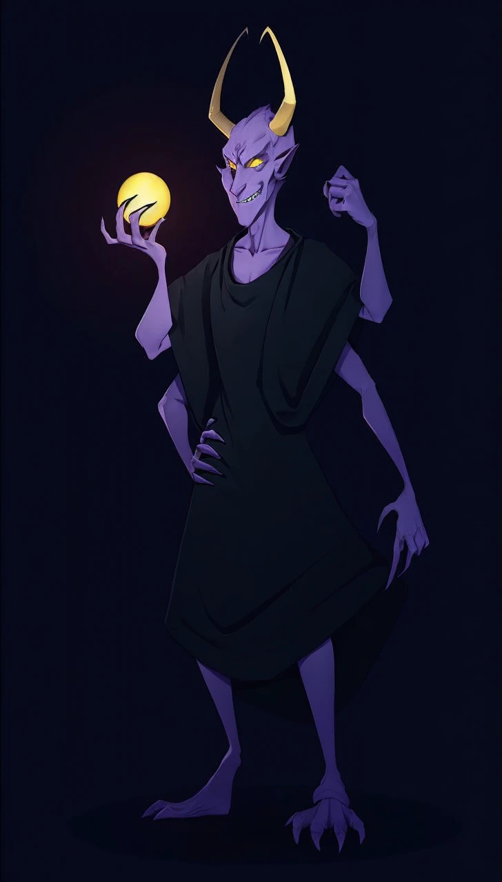 Purple devil, yellow eyes, long nose, long yellow horns, purple habit, skinny arms, skinny legs