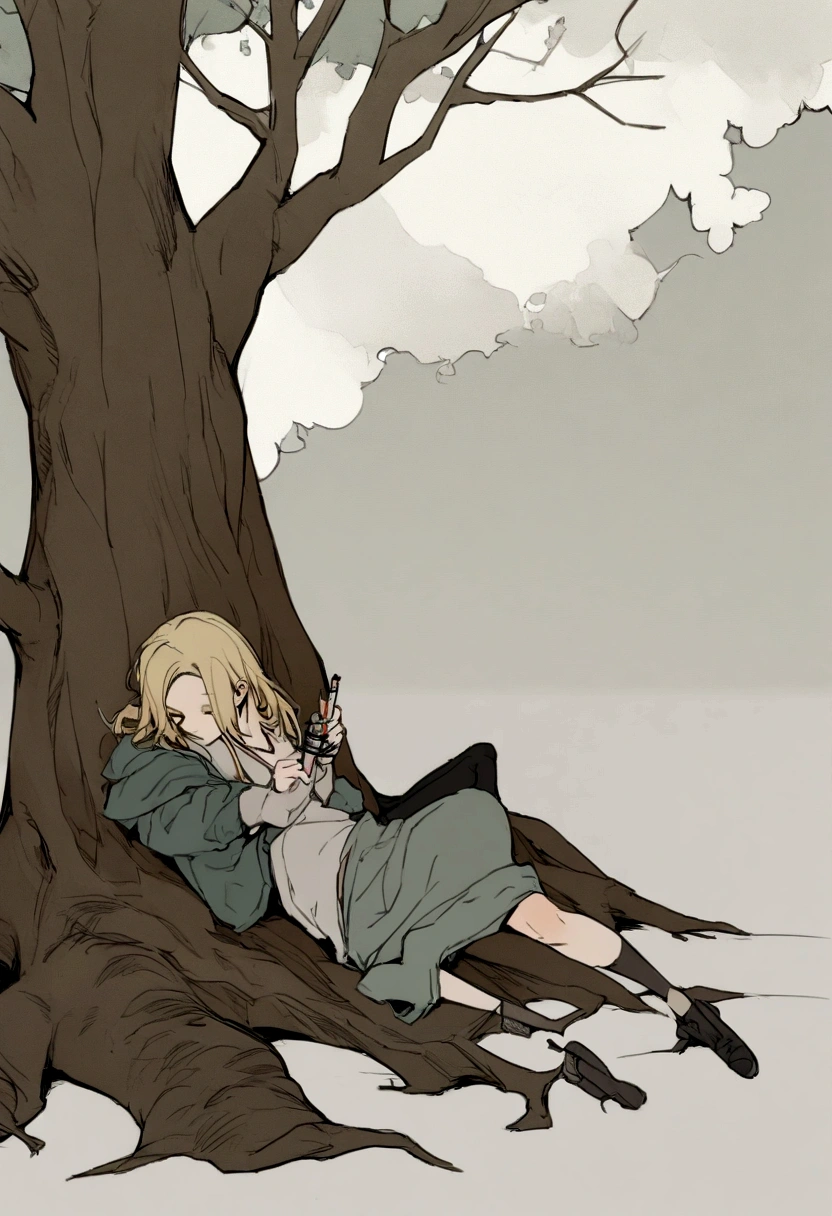 young blonde drug addict woman, se in panorama, getting a shot, syringe,side view,  grunge, lying against a tree, side view, full body, no background