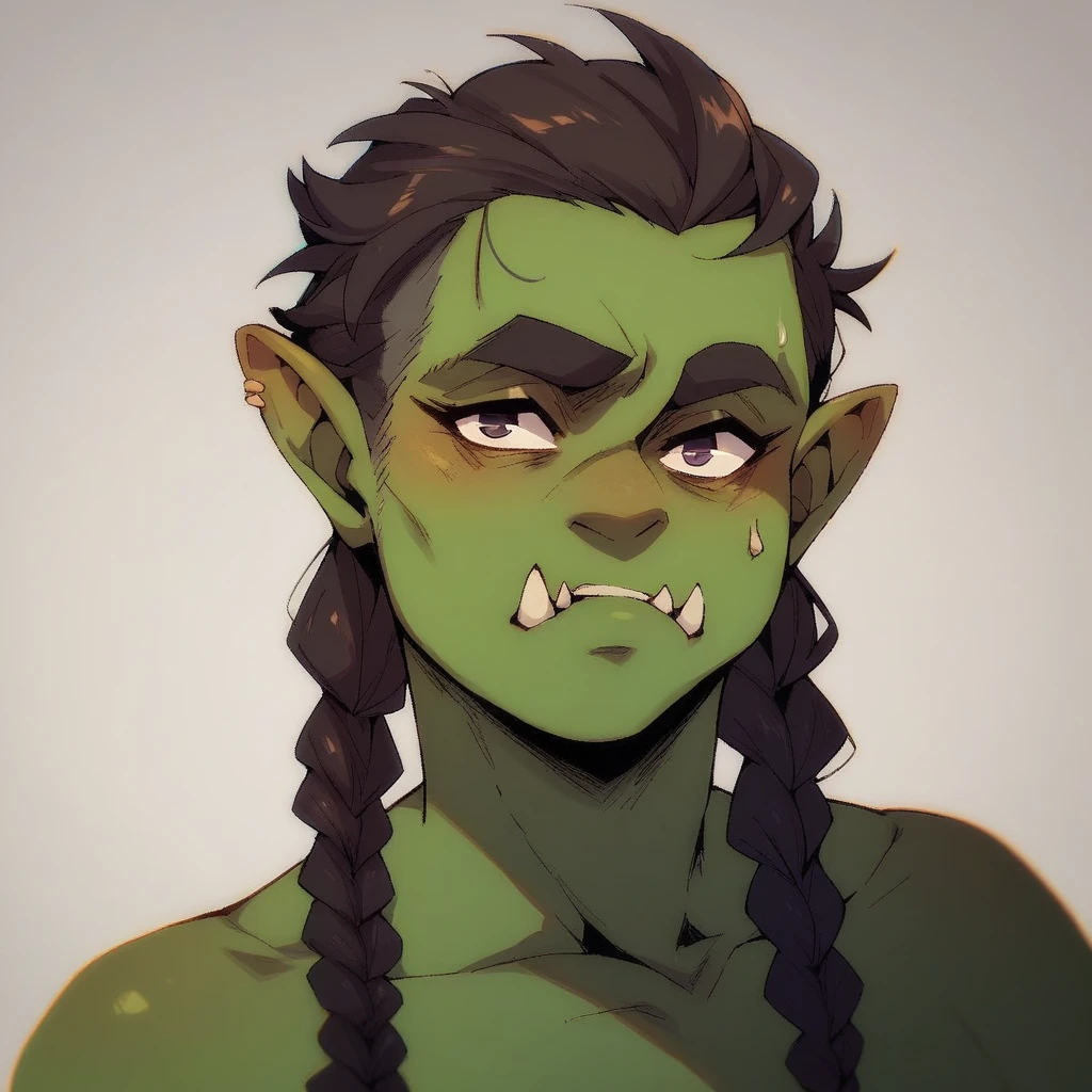 Half-Orc with braided hair, greenskin