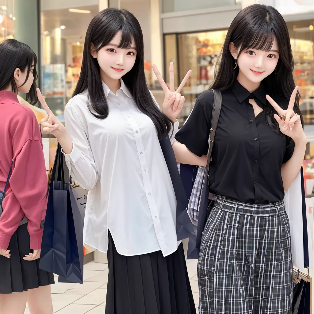 "A confident smile、Two students gesturing peace signs while talking in a shopping area、slacks、Black Hair、In town、skirt、shirt、Very detailed、Faithful Fingers"