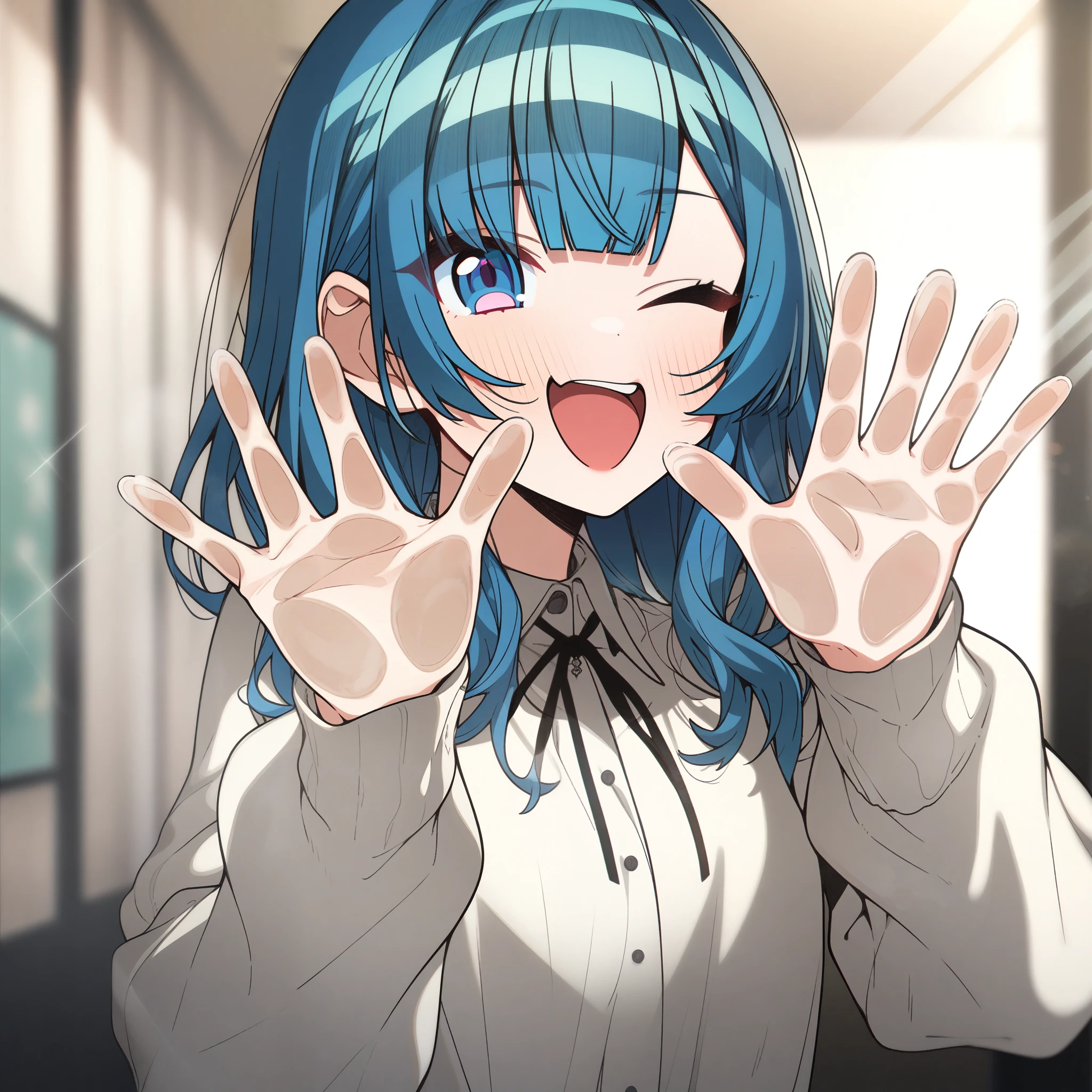 1girl, erere, absurdres, official art, absurdres, vspo!, tsumugi kokage, ;d, against fourth wall, against glass, blue eyes, blue hair, blunt bangs, cheek press, glass writing, long sleeves, looking at viewer, one eye closed, smile, solo, upper body, virtual youtuber, ((very aesthetic, best quality, ultra detailed)), rating:safe,
