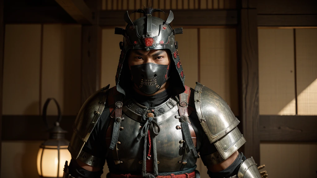 Man wearing ancient samurai armor ,Wear ancient samurai armor ,Wearing an ancient demon mask, ,Wear an ancient samurai helmet,Ninja Fuumakotaro