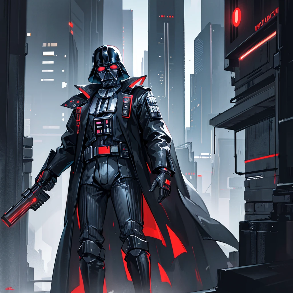 a Darth Vader figure, highly detailed, holding an advanced pistol, in a dark futuristic city at night, neon lights, skyscrapers, cyberpunk atmosphere, dramatic lighting, cinematic, hyper realistic, 8k, photo-realistic, masterpiece, intricate details
