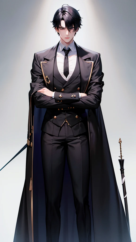 A beautiful young man, hair black as night, grey eyes, Snow white skin, The figure is standing, slightly muscular, with the body slightly turned to the left. Your head is covered by a digital lock to preserve privacy. In his right hand he holds a top hat at chest height., while the left arm extends downward and appears to hold the upper end of a cane or umbrella. The long black coat he wears has a double breasted, with large, visible buttons on the front. under the coat, You can see that it appears to be a dark tie on a white shirt. The vest is decorated with a fine chain, which could be part of a pocket watch, his serious and somber look.