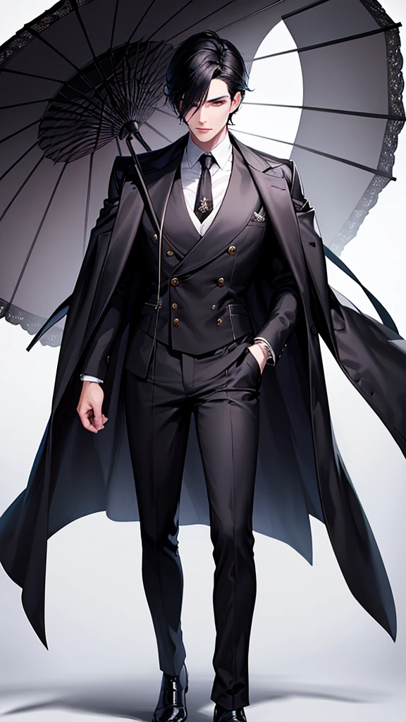 A beautiful young man, hair black as night, grey eyes, Snow white skin, The figure is standing, slightly muscular, with the body slightly turned to the left. Your head is covered by a digital lock to preserve privacy. In his right hand he holds a top hat at chest height., while the left arm extends downward and appears to hold the upper end of a cane or umbrella. The long black coat he wears has a double breasted, with large, visible buttons on the front. under the coat, You can see that it appears to be a dark tie on a white shirt. The vest is decorated with a fine chain, which could be part of a pocket watch, his serious and somber look.