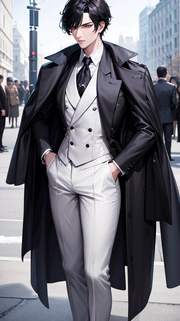 A beautiful young man, hair black as night, grey eyes, Snow white skin, The figure is standing, slightly muscular, with the body slightly turned to the left. Your head is covered by a digital lock to preserve privacy. In his right hand he holds a top hat at chest height., while the left arm extends downward and appears to hold the upper end of a cane or umbrella. The long black coat he wears has a double breasted, with large, visible buttons on the front. under the coat, You can see that it appears to be a dark tie on a white shirt. The vest is decorated with a fine chain, which could be part of a pocket watch, his serious and somber look.