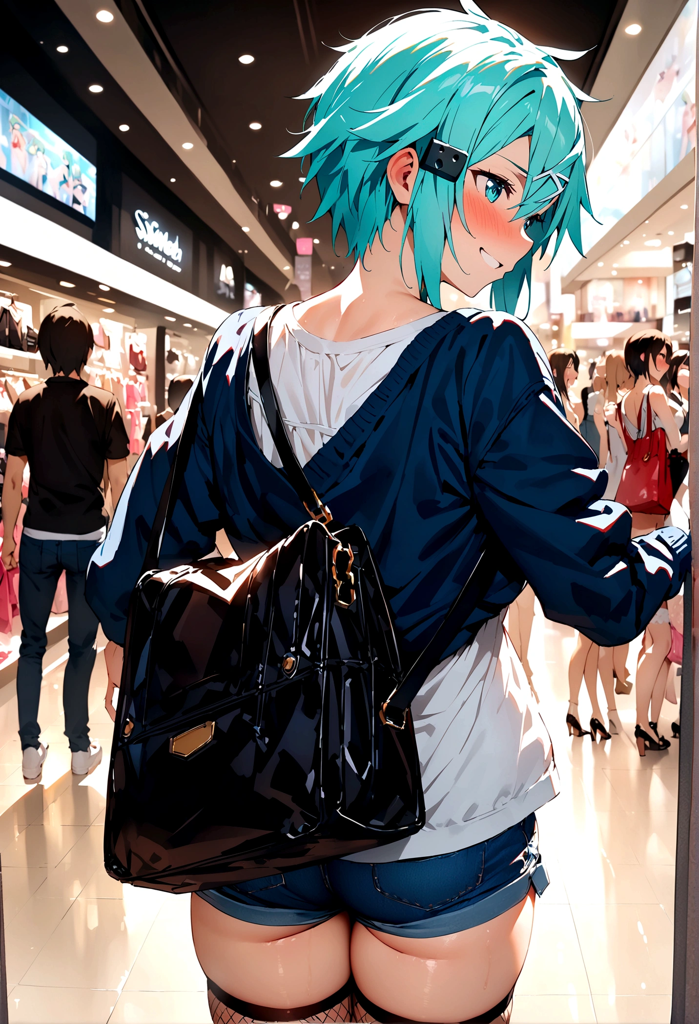 NSFW,masterpiece,Highest quality,High resolution,Super detailed,Sinon\(Sword Art Online\),Jacket,White T-shirt,cropped,Shorts,Fishnet tights,Shoulder bag,Embarrassed,expectant face,smile,blush,Shopping mall,Lingerie Shop,Underwear section,Date,From the back,Body touch