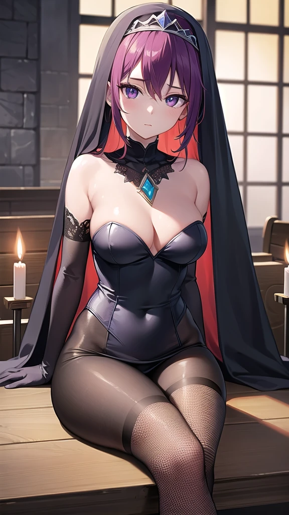 rosaria, rosaria, bags under eyes, hair between eyes, long eyelashes, multicolored hair, (purple eyes:1.1), purple hair, red hair, short hair, streaked hair, (medium breasts:1.2), BREAK bare shoulders, breasts, elbow gloves, fishnet pantyhose, fishnets, gem, gloves, gradient, nun, pantyhose, red gemstone, skindentation, thigh strap, tiara, white gloves,lace,
BREAK looking at viewer,
BREAK indoors, church,benches, candles, fire,
BREAK (masterpiece:1.2), best quality, high resolution, unity 8k wallpaper, (illustration:0.8), (beautiful detailed eyes:1.6), extremely detailed face, perfect lighting, extremely detailed CG, (perfect hands, perfect anatomy),from below, full body.