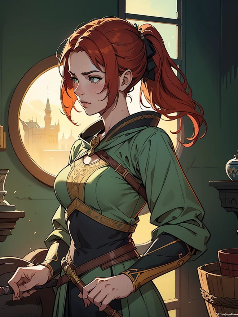 Portrait, Redhaired female knight, slim body, ponytail hairstyle, green eyes, wearing a grey dress, 6th century welsh clothing, holding a spear, fantasy RPG, detailed dress, intricate details, digital painting, artstation, concept art, smooth, sharp focus, illustration, by Greg Rutkowski, Atey Ghailan, Jeremy Mann, Antonio Moro, trending on ArtStation, mucha, artgerm, wlop, trending on CGSociety, volumetric lighting, dramatic lighting.