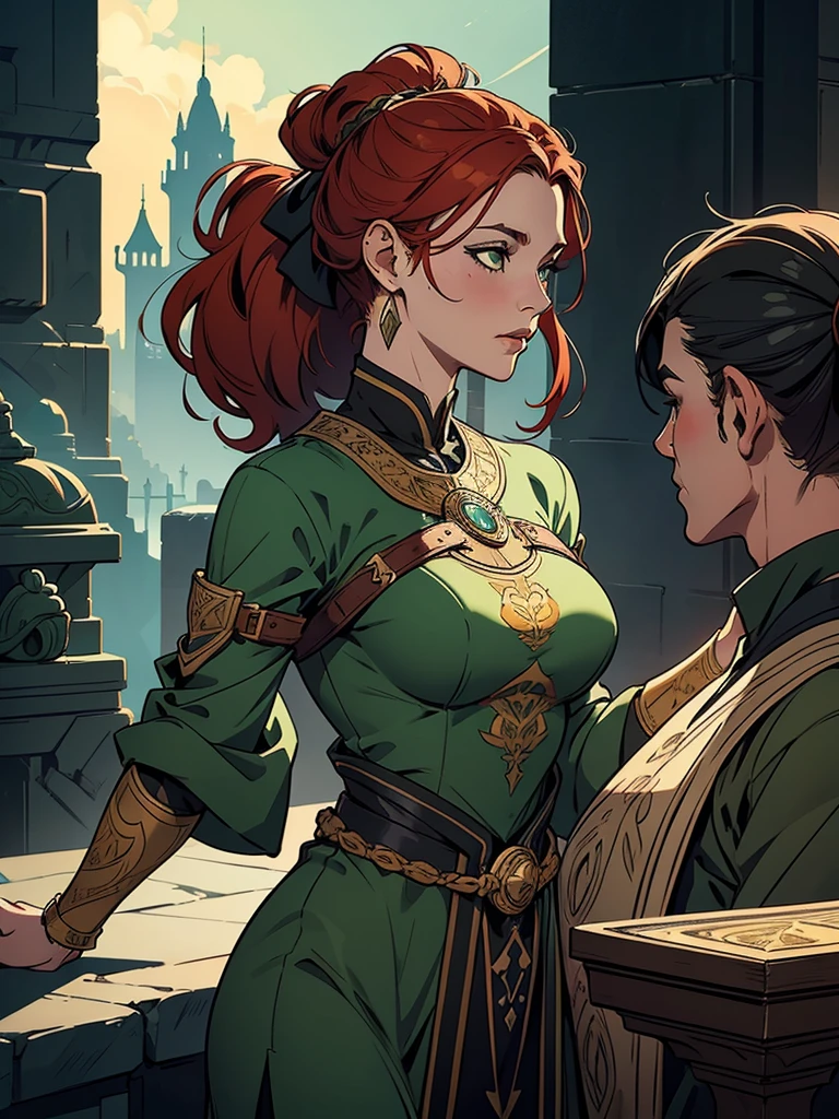 Portrait, Redhaired female knight, slim body, ponytail hairstyle, green eyes, wearing a grey dress, 6th century welsh clothing, holding a spear, fantasy RPG, detailed dress, intricate details, digital painting, artstation, concept art, smooth, sharp focus, illustration, by Greg Rutkowski, Atey Ghailan, Jeremy Mann, Antonio Moro, trending on ArtStation, mucha, artgerm, wlop, trending on CGSociety, volumetric lighting, dramatic lighting.