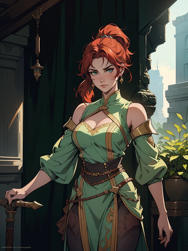 Portrait, Redhaired female knight, slim body, ponytail hairstyle, green eyes, wearing a grey dress, 6th century welsh clothing, holding a spear, fantasy RPG, detailed dress, intricate details, digital painting, artstation, concept art, smooth, sharp focus, illustration, by Greg Rutkowski, Atey Ghailan, Jeremy Mann, Antonio Moro, trending on ArtStation, mucha, artgerm, wlop, trending on CGSociety, volumetric lighting, dramatic lighting.