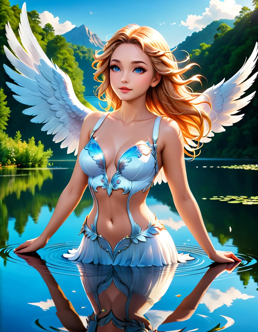a picture of a female angel flying over a lake ((the angel's reflection in the lake: 1.5)), a beautiful female angel, divine beauty angel, ultra detailed face, (best detailed face: 1.3), dynamic eye color, dynamic hair color, dynamic hair style, intense gaze, wearing dynamic clothing, hovering over a lake, (white angelic wings spread: 1.3), (((a perfect reflection of the angel seen in the lake: 1.5)))  vibrant, Ultra-high resolution, High Contrast, masterpiece:1.2, highest quality, Best aesthetics), best details, best quality, highres, ultra wide angle, 16k, [ultra detailed], masterpiece, best quality, (extremely detailed),