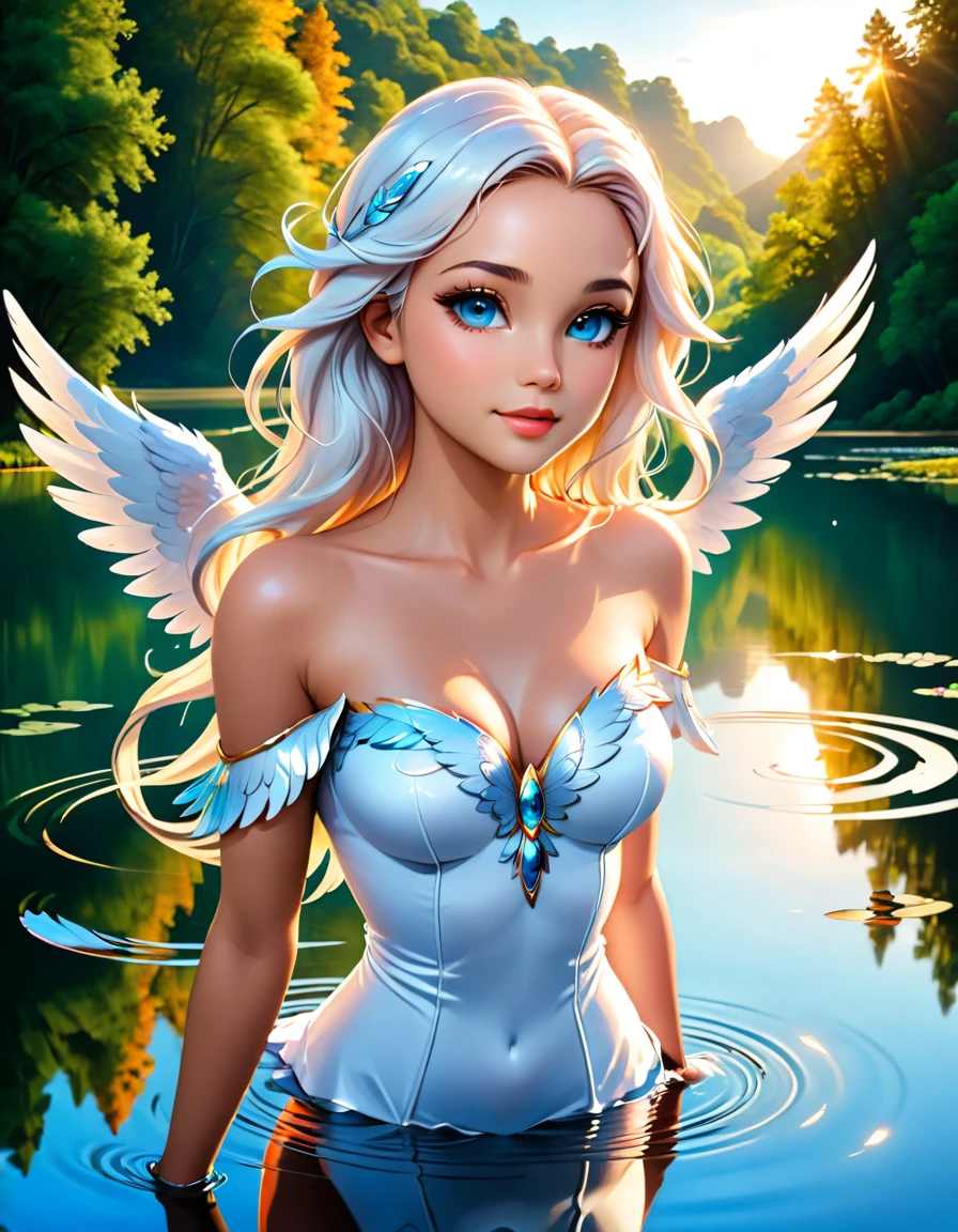 a picture of a female angel flying over a lake ((the angel's reflection in the lake: 1.5)), a beautiful female angel, divine beauty angel, ultra detailed face, (best detailed face: 1.3), dynamic eye color, dynamic hair color, dynamic hair style, intense gaze, wearing dynamic clothing, hovering over a lake, (white angelic wings spread: 1.3), (((a perfect reflection of the angel seen in the lake: 1.5)))  vibrant, Ultra-high resolution, High Contrast, masterpiece:1.2, highest quality, Best aesthetics), best details, best quality, highres, ultra wide angle, 16k, [ultra detailed], masterpiece, best quality, (extremely detailed),