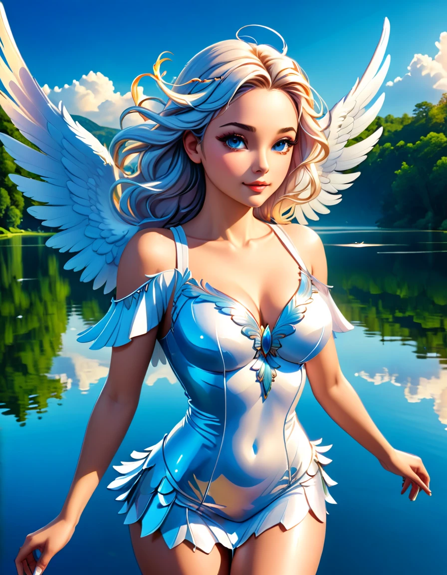 a picture of a female angel flying over a lake ((the angel's reflection mirrored perfectly in the lake: 1.5)), full body shot, a beautiful female angel, divine beauty angel, ((ultra detailed face: 1.3)), (best detailed face: 1.3), dynamic eye color, dynamic hair color, dynamic hair style, intense gaze, wearing dynamic clothing, hovering over a lake, (white angelic wings spread: 1.3), (((a perfect reflection of the angel mirrored in the lake: 1.5))) vibrant, Ultra-high resolution, High Contrast, masterpiece:1.2, highest quality, Best aesthetics), best details, best quality, highres, ultra wide angle, 16k, [ultra detailed], masterpiece, best quality, (extremely detailed)