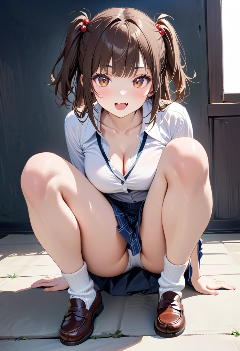 (1girl, sharp focus solo), (full body portrait image:1.4), (Masterpiece, Super realistic anime girl, Super details, Super Highest Quality, Super Highest photo realistic), super cute and beautiful girl, (fine atmosphere:1.3), You are a professional photographer Photographing my girlfriend, Very Japanese gal, Wearing navy plaid pleat mini skirt, False eyelashes, Pearl pink glossy lips, Unbuttoned white shirt, (kawaii erotic girl:1.3), (brown eyes:1.4), big round chest, (Wider at the hem flabby large in size Super Loose long baggy Socks:1.4), (loafer), (An innocent -yeld cuJapanese girl:1.4), (skin fang:1.4), Extremely Realistic, open mouth, half close eyes, slim waist, (tanned skins:1.4), slim beautiful legs), a girls incoming, black pupils, dark brown color hair style, high school gal, (torogao:1.4), dark brown hair color, two side up hair style, hair pin, (cute Asian gal:1.4), (wide stans legs standding:1.4), white bangs, shirt out over on skirt, super slim beautiful thigh legs, black long loose necktie, satin under wear,