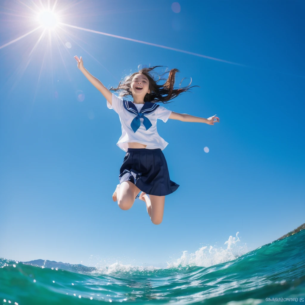 masterpiece, 8K quality, High definition, realistic pictures, professional writing, There is a woman jumping in the air from underwater to the sky., ((A pose that looks like dancing with the face facing upwards)), face upwards, dance in the air,artistic swimming,  jump towards the viewer, jump towards viewer, she is floating in the air, jump into the air, jump on the audience, jump, jump with arms up, floating in the air, floating on the ground, Jump for joy, jump pose, horizontally jump!!!, wearing a sailor suit, high school girl,((Big wave crashing down)), ((Splashes of water splashing from the body)),  Clear blue sky and white clouds, Sunlight flares