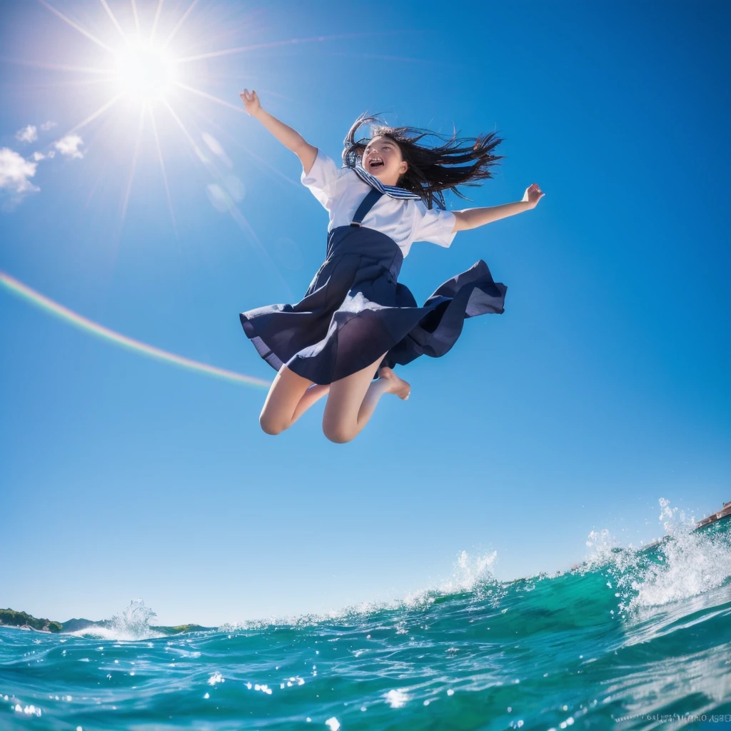 masterpiece, 8K quality, High definition, realistic pictures, professional writing, There is a woman jumping in the air from underwater to the sky., ((A pose that looks like dancing with the face facing upwards)), face upwards, dance in the air,artistic swimming, jump towards the viewer, jump towards viewer, she is floating in the air, jump into the air, jump on the audience, jump, jump with arms up, floating in the air, floating on the ground, Jump for joy, jump pose, horizontally jump!!!, wearing a sailor suit, high school girl,((Big wave crashing down)), ((Splashes of water splashing from the body)), Clear blue sky and white clouds, Sunlight flares