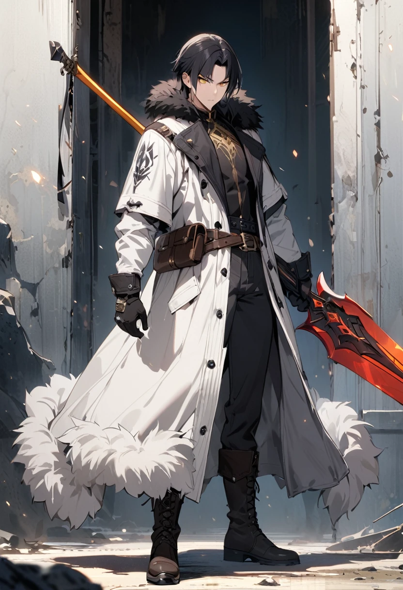 masterpiece, best quality, 1man, adult, weapon, male-focus, sword, fur-trim, solo, full-body, black-hair, gloves, boots, armor, holding-weapon, belt, holding, coat, looking-at-viewer, holding-sword, yellow-eyes, black-gloves, long-coat, standing, white-coat, pants, White-skin
