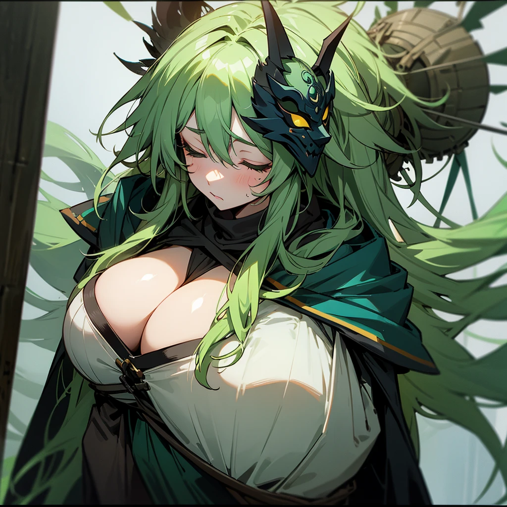 Druid woman with mask aside, With big breasts, messy green hair and sleepy look
