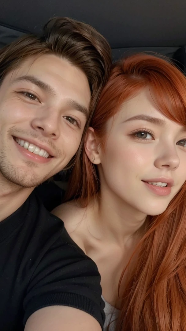 A man with brown hair and a nice smile with straight teeth,  and a woman with flowing red hair taking a photo, full hd, 4K
