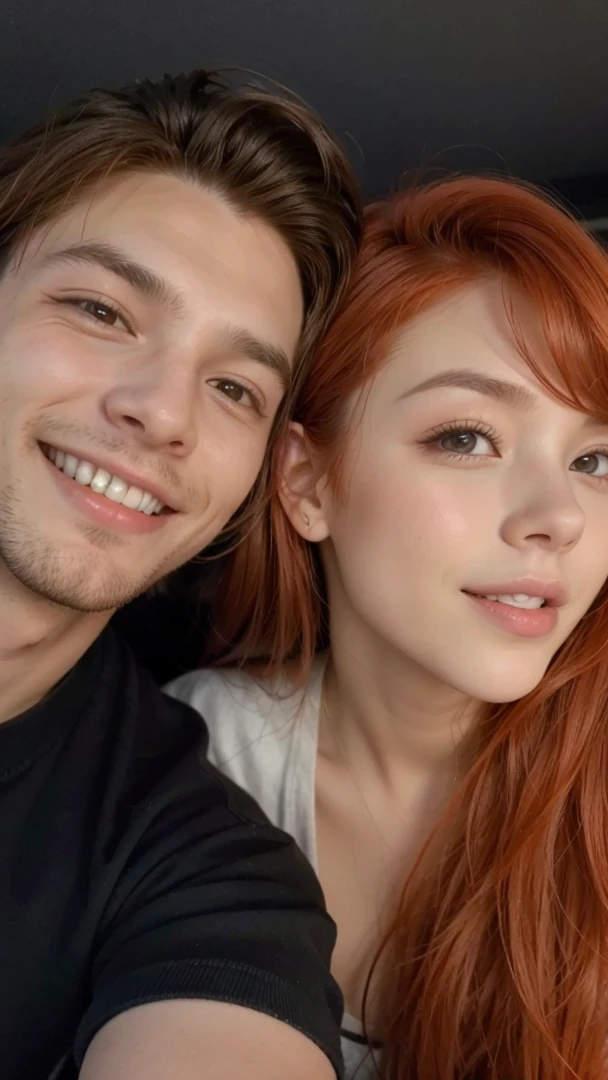 A man with brown hair and a nice smile with straight teeth, and a woman with flowing red hair taking a photo, full hd, 4K