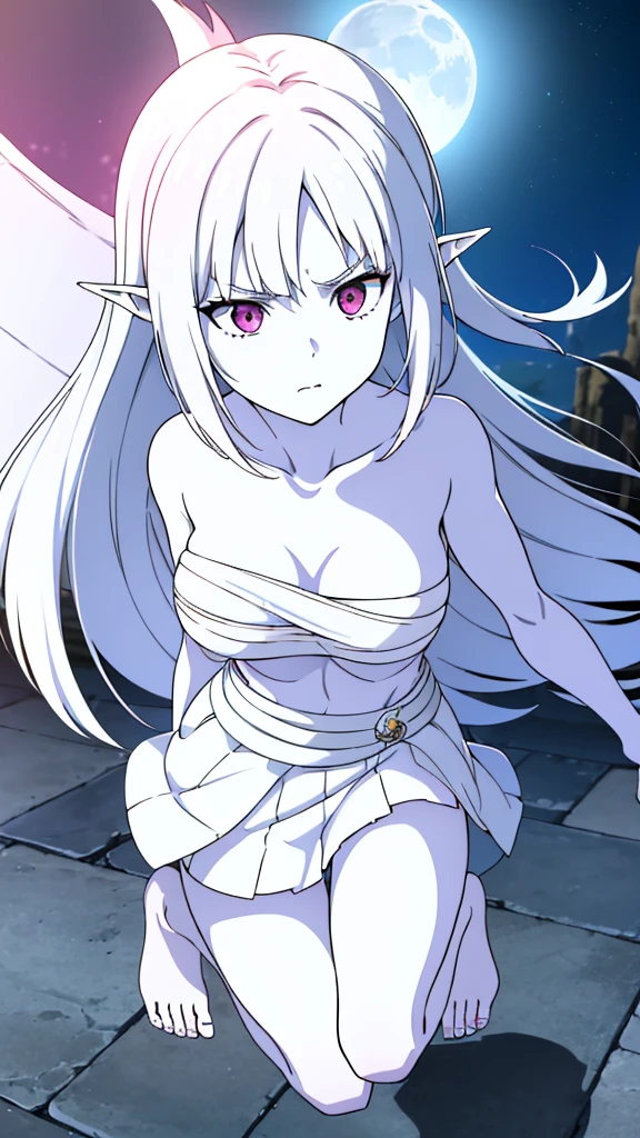 ((1girl,25 years old,mature female)),angry,solo,white hair,long hair,(((white skin,colored skin))),elf ears,(((hair over one eye)))(night,moon,flying,bare feets),((wrapped_chest,white mini skirt)),from above,pink eye,face close up