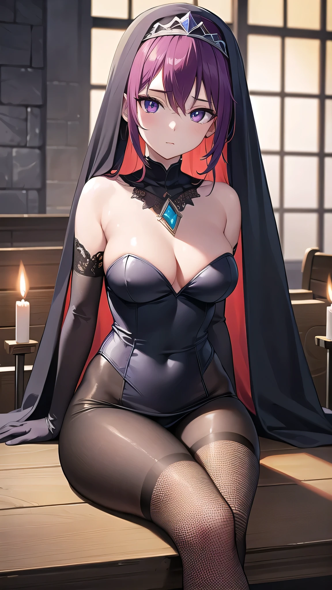 rosaria, rosaria, bags under eyes, hair between eyes, long eyelashes, multicolored hair, (purple eyes:1.1), purple hair, red hair, short hair, streaked hair, (medium breasts:1.2), BREAK bare shoulders, breasts, elbow gloves, fishnet pantyhose, fishnets, gem, gloves, gradient, nun, pantyhose, red gemstone, skindentation, thigh strap, tiara, white gloves,lace,
BREAK looking at viewer,
BREAK indoors, church,benches, candles, fire,
BREAK (masterpiece:1.2), best quality, high resolution, unity 8k wallpaper, (illustration:0.8), (beautiful detailed eyes:1.6), extremely detailed face, perfect lighting, extremely detailed CG, (perfect hands, perfect anatomy),from below, full body.