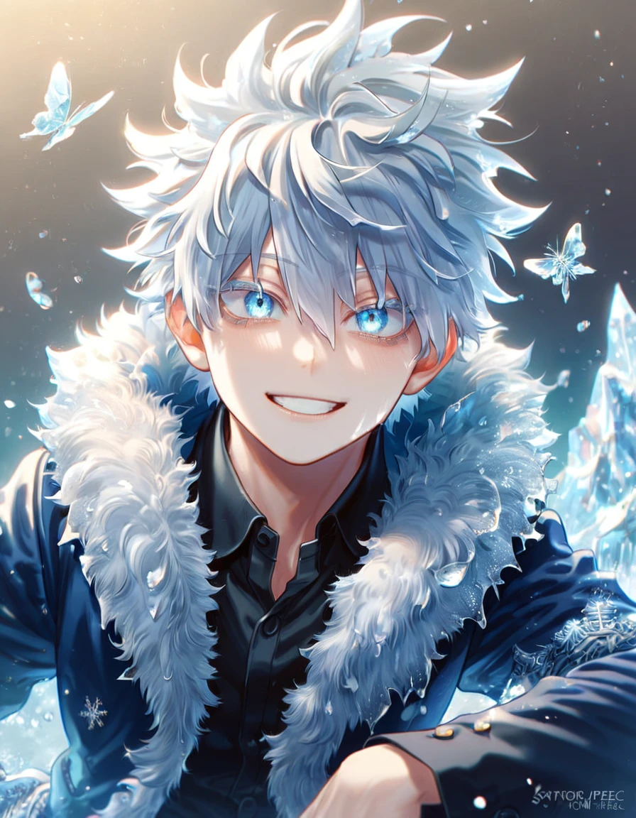 absurdres, highres, ultra detailed, HDR, master piece, best quality, extremely detailed face, delicated features, Gojou Satoru, white hair, messy hair, hair between the eyes, expressive blue eyes, white eyelashes, Boku No Hero Academia, sexy man, solo, handsome, smiling, blue jacket with fur, black shirt, black pants, fantasy, magical, ice, ice butterflies, snowflakes, starry night, ice style