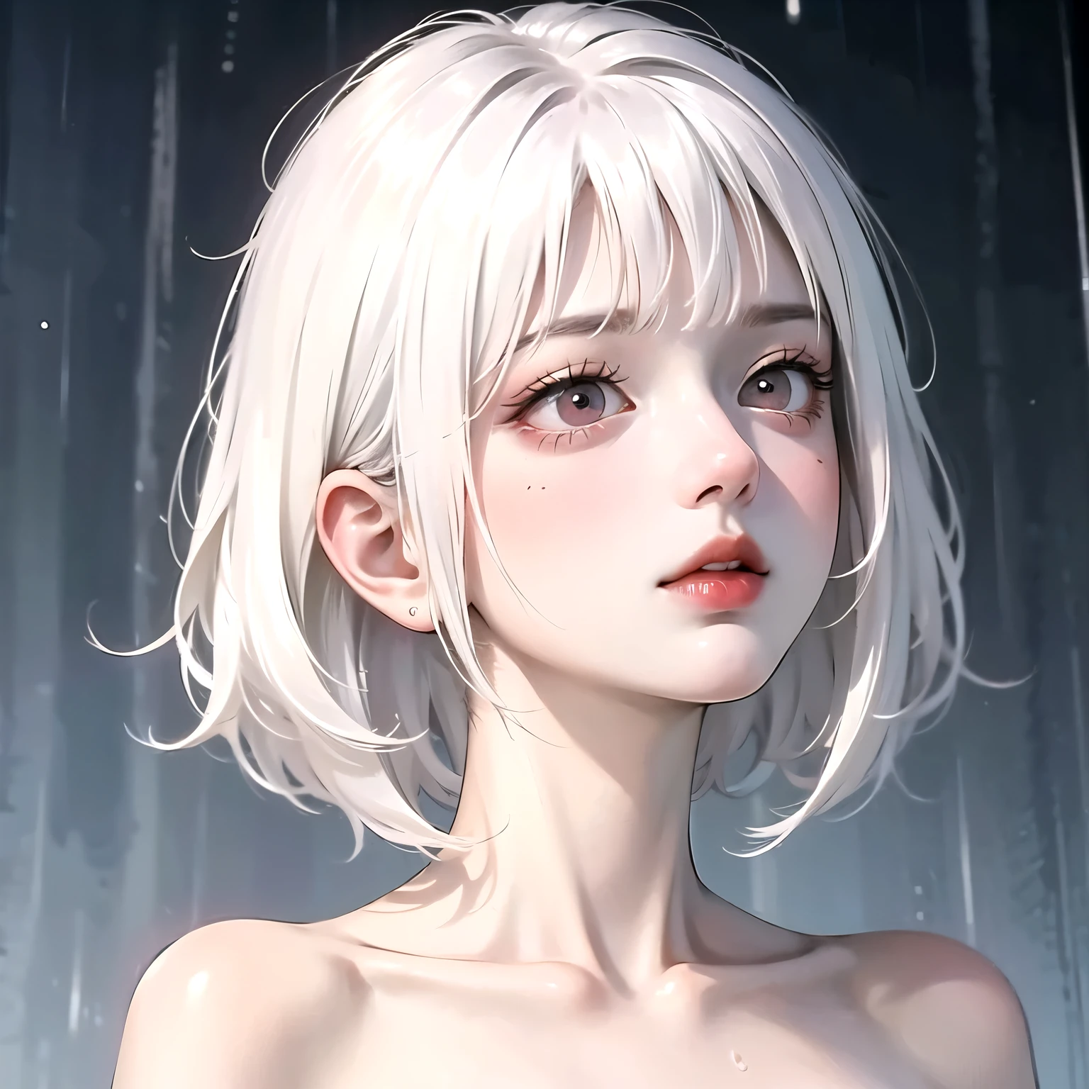 ((best quality)), ((masterpiece)), (detailed), 1girl, girl looking up in the middle of rain. White hair. Short hair. Pink eyes. Sad vibe. Sad face. Topless.