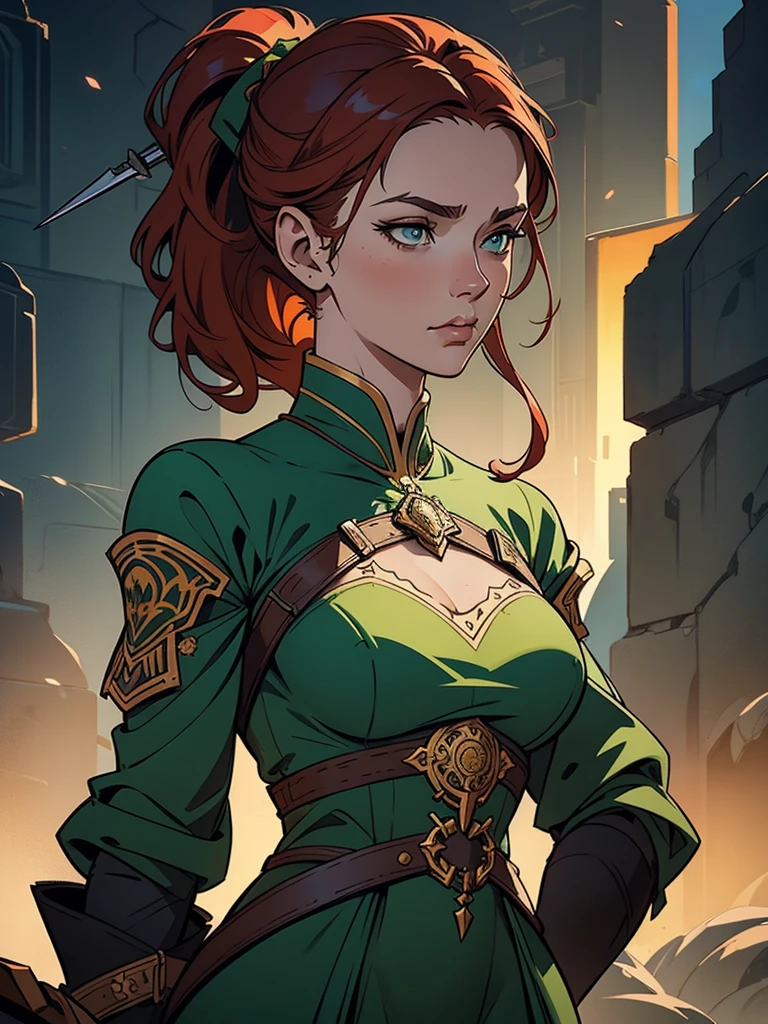 Portrait, Redhaired female knight, slim body, ponytail hairstyle, green eyes, wearing a grey dress, 6th century welsh clothing, holding a spear, fantasy RPG, detailed dress, intricate details, digital painting, artstation, concept art, smooth, sharp focus, illustration, by Greg Rutkowski, Atey Ghailan, Jeremy Mann, Antonio Moro, trending on ArtStation, mucha, artgerm, wlop, trending on CGSociety, volumetric lighting, dramatic lighting.