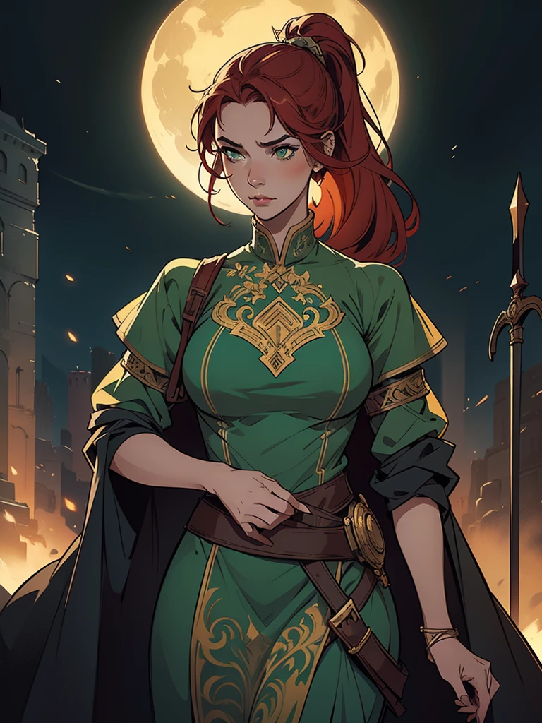 Portrait, Redhaired female knight, slim body, ponytail hairstyle, green eyes, wearing a grey dress, 6th century welsh clothing, holding a spear, fantasy RPG, detailed dress, intricate details, digital painting, artstation, concept art, smooth, sharp focus, illustration, by Greg Rutkowski, Atey Ghailan, Jeremy Mann, Antonio Moro, trending on ArtStation, mucha, artgerm, wlop, trending on CGSociety, volumetric lighting, dramatic lighting.