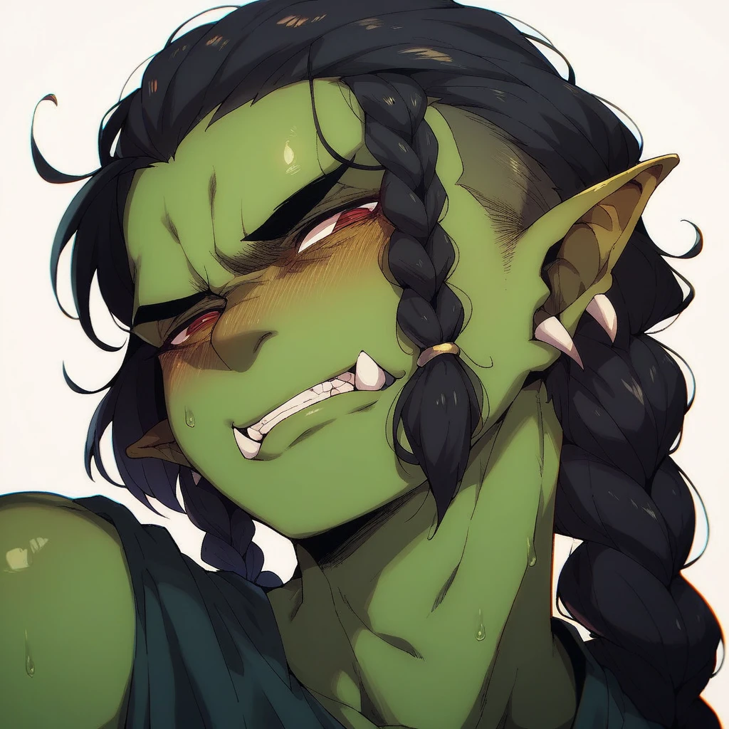 Half-Orc with braided hair, greenskin, Bblack hair, naughty man