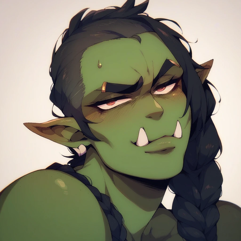 Half-Orc with braided hair, greenskin, Bblack hair, naughty man