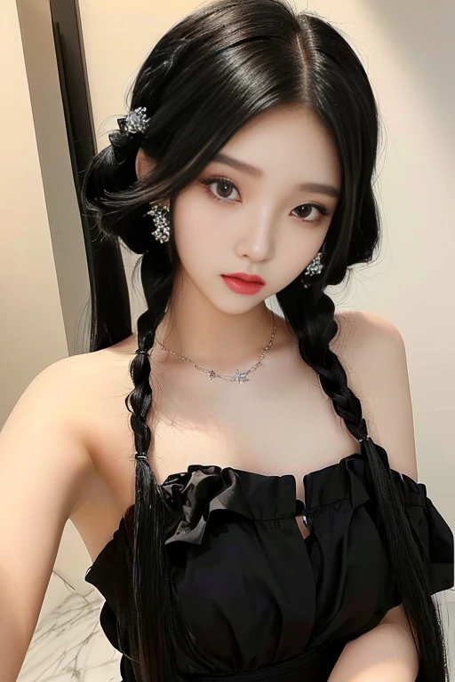 a closeup of a woman with long hair and black dress, with black Collections, Collections hairstyle, two Collections hairstyle, two tail hairstyle, Collections hair, korean girl, wide collection, hair in Collections, ulzzang, Collections, pigtail braids, short Collections hair, beautiful south korean woman, pale korean adorable face