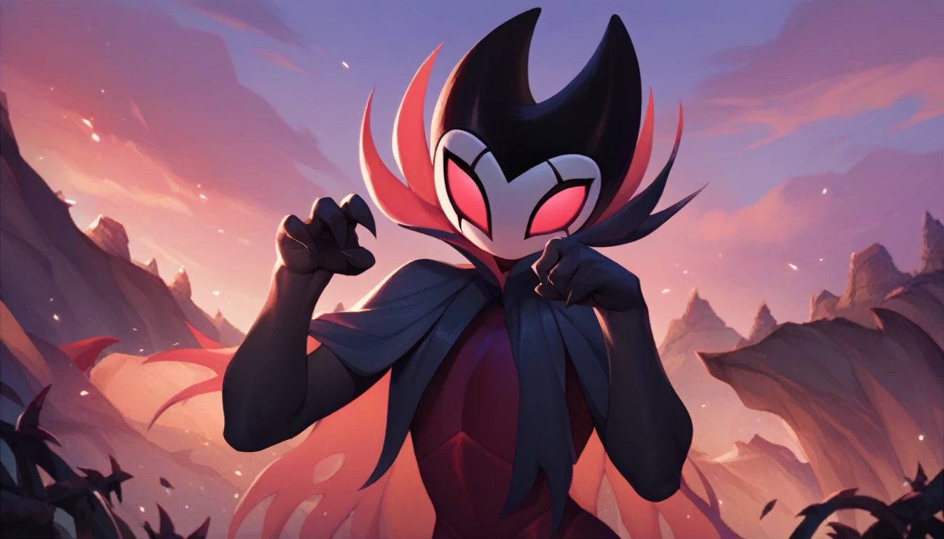 score_9, score_8_up, score_7_up, score_6_up, zPDXL2, grimm \(hollow knight\), vampire, bat, 1boy, solo, cute face, detailed eyes, landscape, outdoor, anthro, (solo portrait), (front view), clothed, highlight thighs, femboy, cat pose 