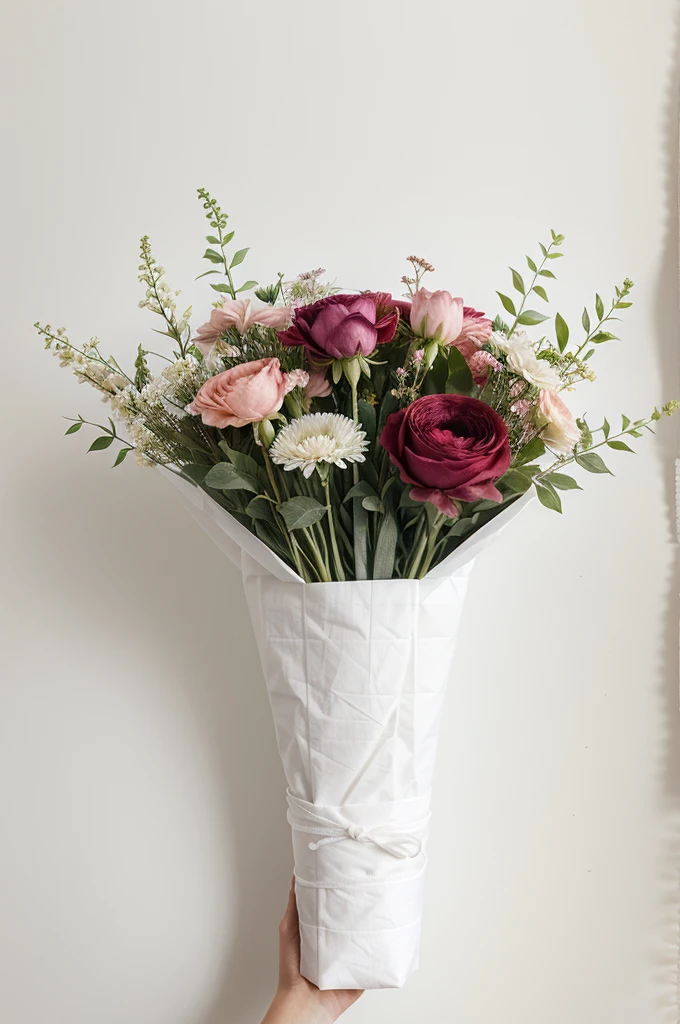 a bouquet of flowers of similar colors in fabric wrapping on a white background without unnecessary details